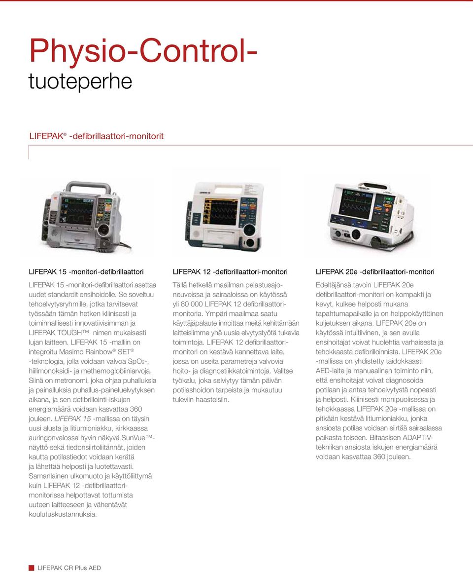 LIFEPAK 15 -malliin on integroitu Masimo Rainbow SET -teknologia, jolla voidaan valvoa SpO2-, hiilimonoksidi- ja methemoglobiiniarvoja.