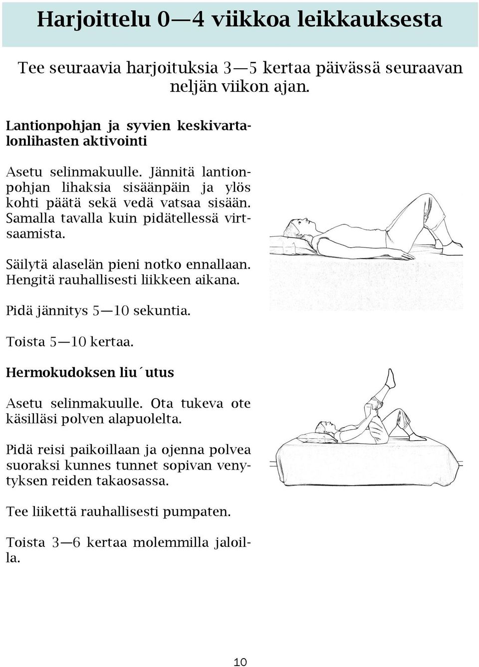 Samalla tavalla kuin pidätellessä virtsaamista. Säilytä alaselän pieni notko ennallaan. Hengitä rauhallisesti liikkeen aikana. Pidä jännitys 5 10 sekuntia. Toista 5 10 kertaa.