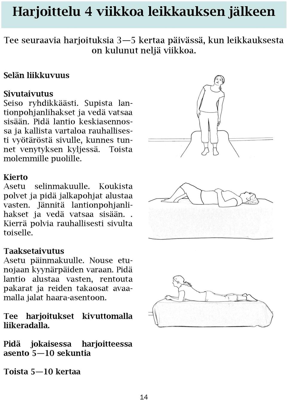 Kierto Asetu selinmakuulle. Koukista polvet ja pidä jalkapohjat alustaa vasten. Jännitä lantionpohjanlihakset ja vedä vatsaa sisään.. Kierrä polvia rauhallisesti sivulta toiselle.