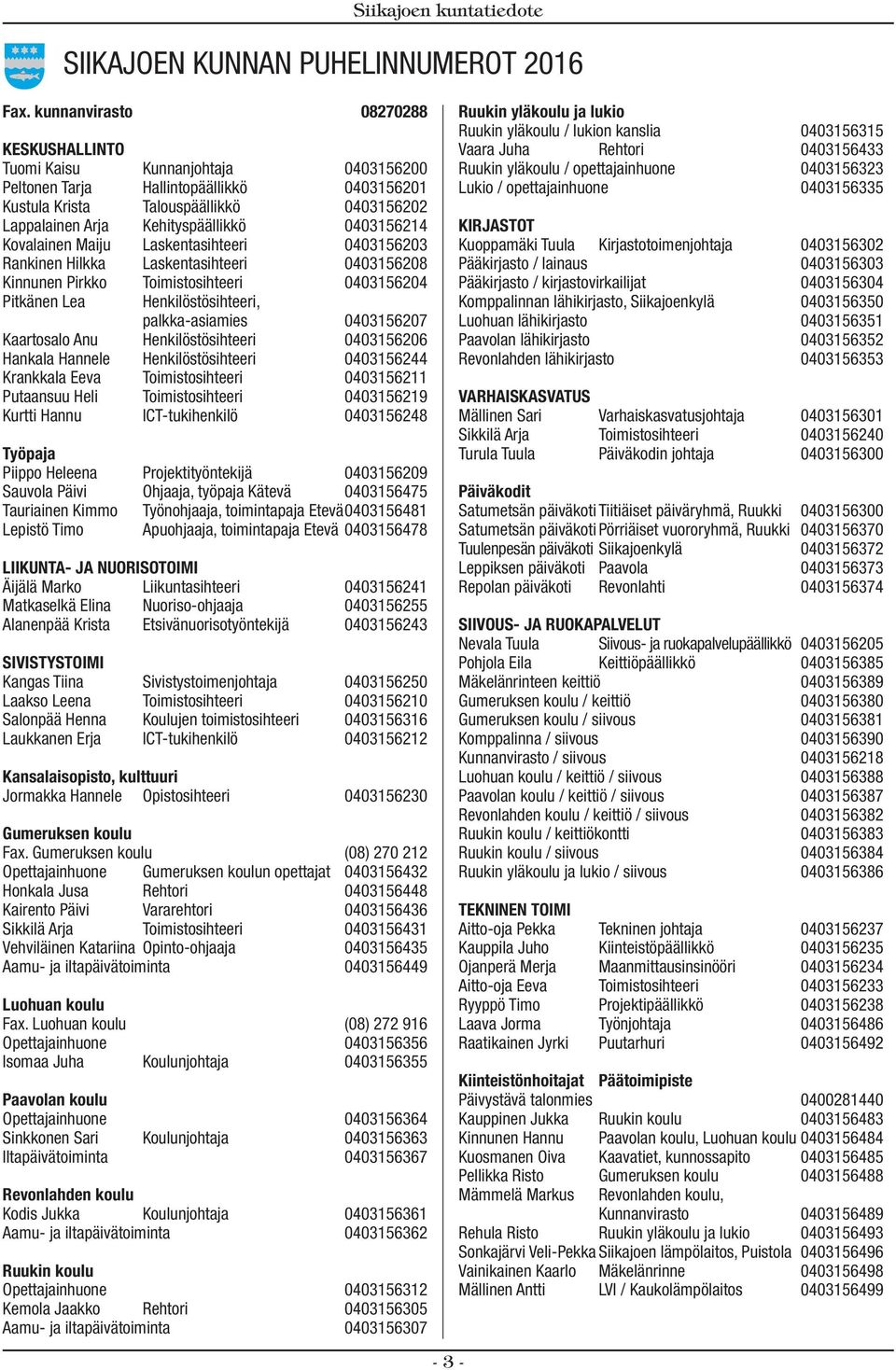 0403156214 Kovalainen Maiju Laskentasihteeri 0403156203 Rankinen Hilkka Laskentasihteeri 0403156208 Kinnunen Pirkko Toimistosihteeri 0403156204 Pitkänen Lea Henkilöstösihteeri, palkka-asiamies