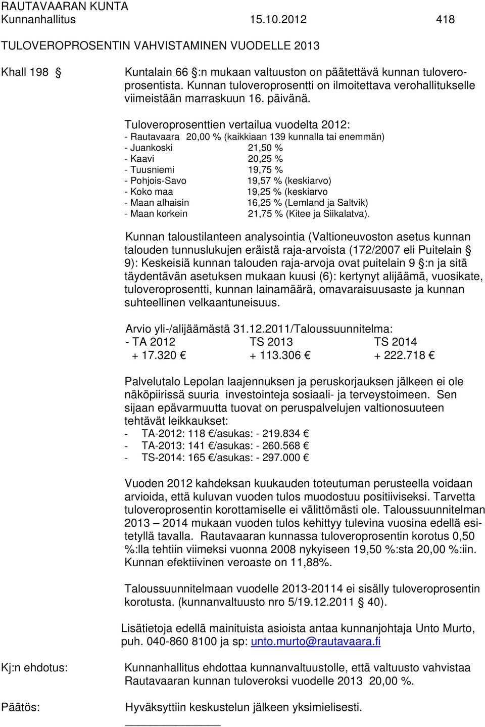 Tuloveroprosenttien vertailua vuodelta 2012: - Rautavaara 20,00 % (kaikkiaan 139 kunnalla tai enemmän) - Juankoski 21,50 % - Kaavi 20,25 % - Tuusniemi 19,75 % - Pohjois-Savo 19,57 % (keskiarvo) -