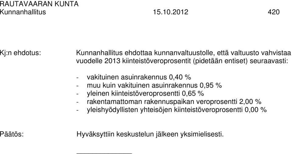 kiinteistöveroprosentit (pidetään entiset) seuraavasti: - vakituinen asuinrakennus 0,40 % - muu kuin vakituinen