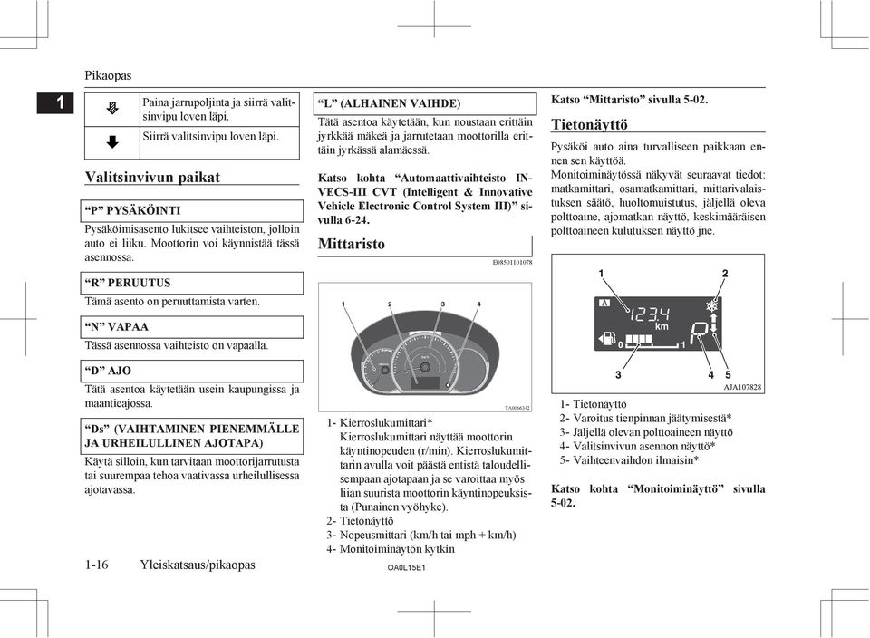 Katso kohta Automaattivaihteisto IN- VECS-III CVT (Intelligent & Innovative Vehicle Electronic Control System III) sivulla 6-24. Mittaristo E08501101078 Katso Mittaristo sivulla 5-02.