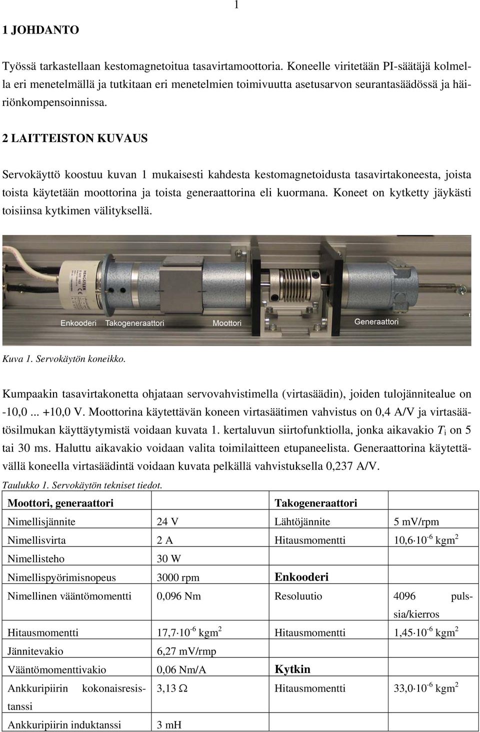 2 LITTEISTON UVUS Servokäyttö koostuu kuvan mukaisesti kahdesta kestomagnetoidusta tasavirtakoneesta, joista toista käytetään moottorina ja toista generaattorina eli kuormana.