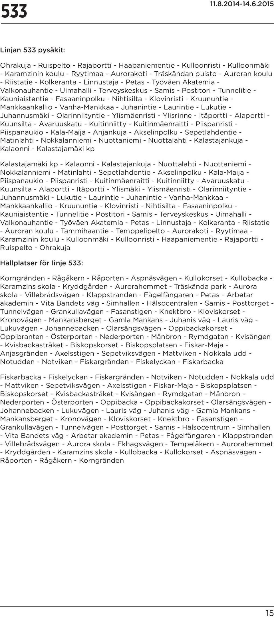 Mankkaankallio - Vanha-Mankkaa - Juhanintie - Laurintie - Lukutie - Juhannusmäki - Olarinniityntie - Ylismäenristi - Ylisrinne - Itäportti - Alaportti - Kuunsilta - Avaruuskatu - Kuitinniitty -