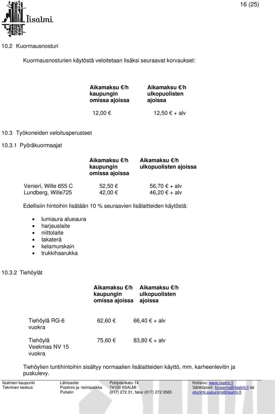 alv Edellisiin hintoihin lisätään 10 % seuraavien lisälaitteiden käytöstä: lumiaura alueaura harjauslaite niittolaite takaterä kelamurskain trukkihaarukka 10.3.