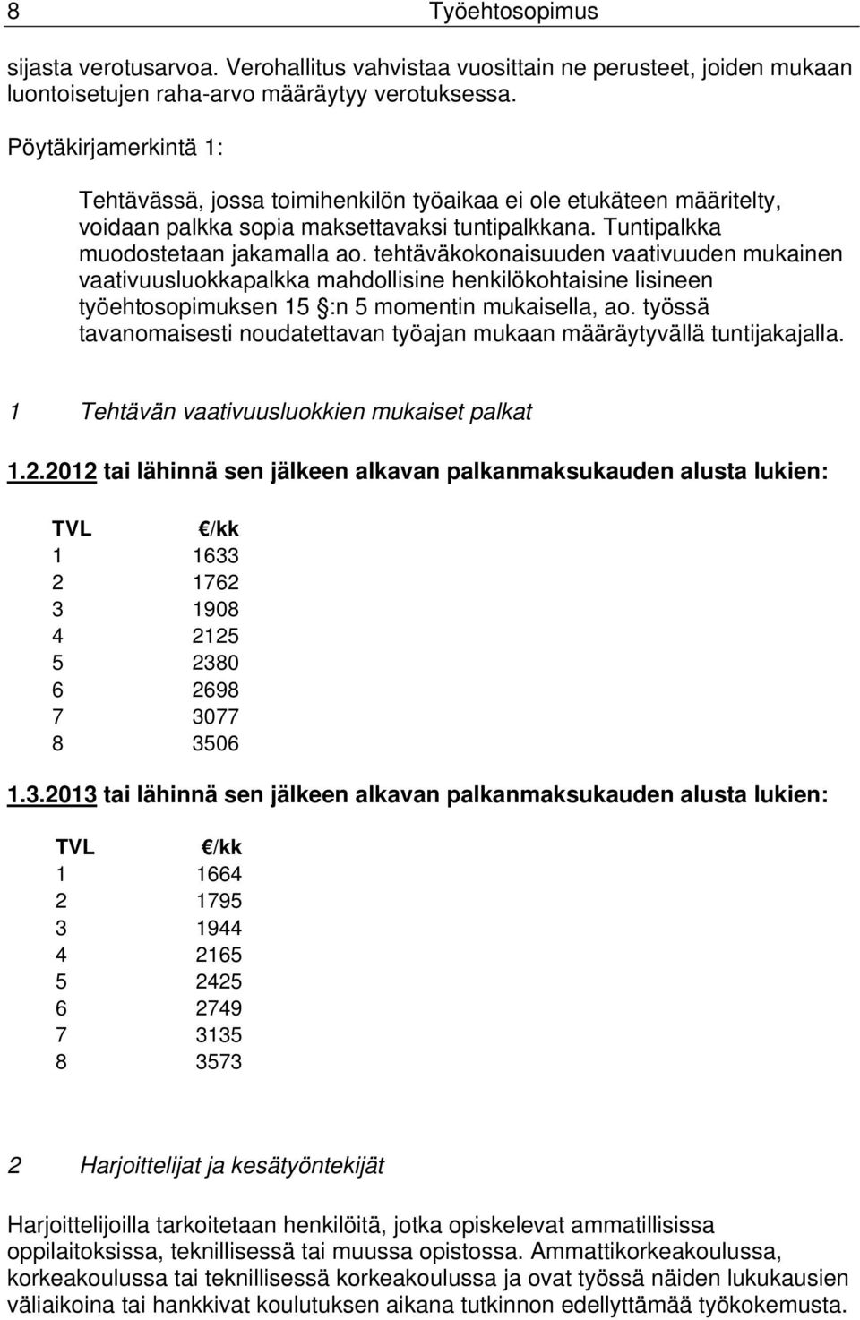 tehtäväkokonaisuuden vaativuuden mukainen vaativuusluokkapalkka mahdollisine henkilökohtaisine lisineen työehtosopimuksen 15 :n 5 momentin mukaisella, ao.