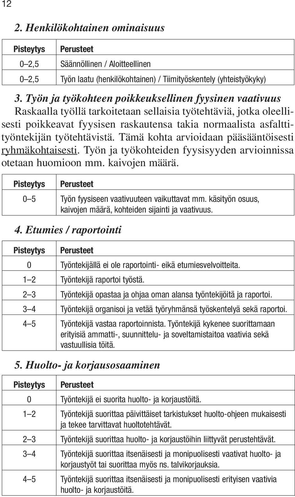 työtehtävistä. Tämä kohta arvioidaan pääsääntöisesti ryhmäkohtaisesti. Työn ja työkohteiden fyysisyyden arvioinnissa otetaan huomioon mm. kaivojen määrä.