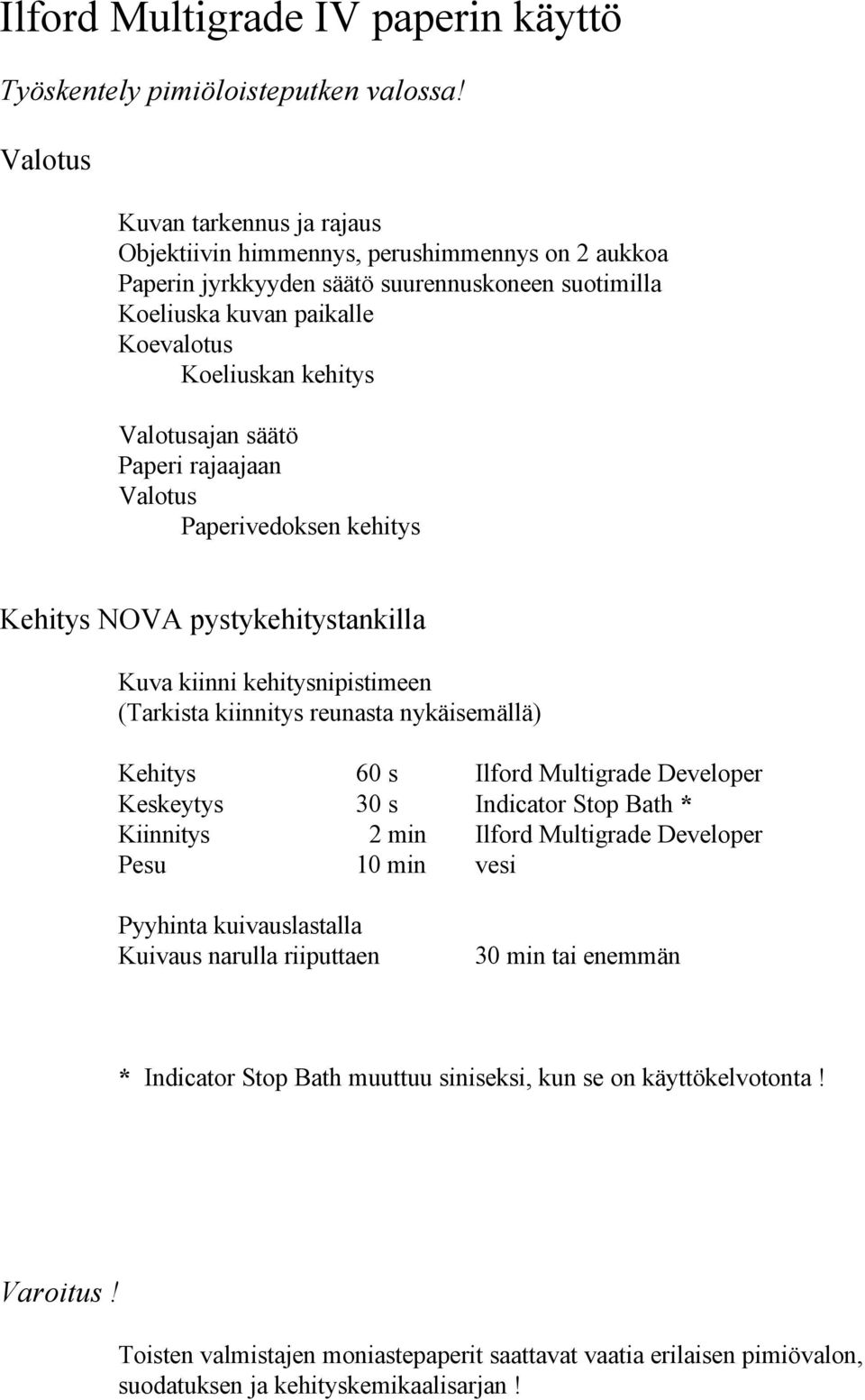 Valotusajan säätö Paperi rajaajaan Valotus Paperivedoksen kehitys Kehitys NOVA pystykehitystankilla Kuva kiinni kehitysnipistimeen (Tarkista kiinnitys reunasta nykäisemällä) Kehitys 60 s Ilford