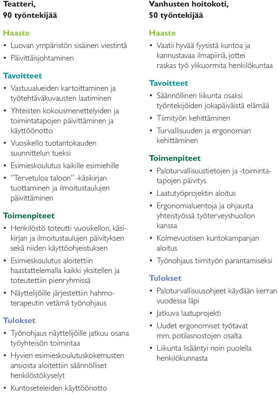 päivittäminen Toimenpiteet Henkilöstö toteutti vuosikellon, käsikirjan ja ilmoitustaulujen päivityksen sekä niiden käyttöohjeistuksen Esimieskoulutus aloitettiin haastattelemalla kaikki yksitellen ja