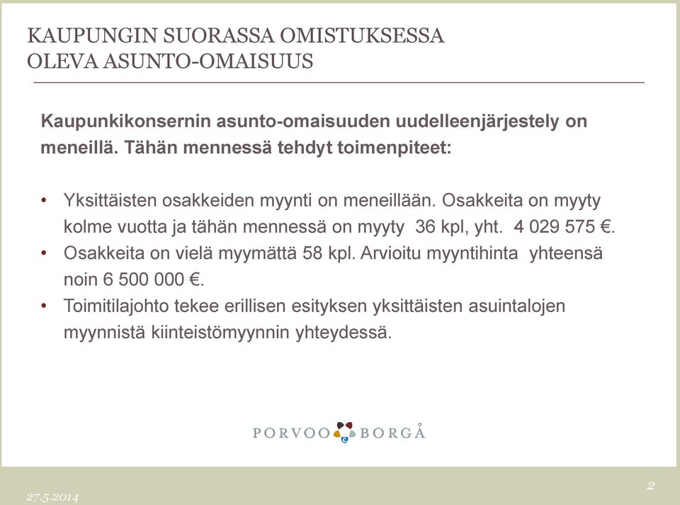 Osakkeita on myyty kolme vuotta ja tähän mennessä on myyty 36 kpl, yht. 4 029 575. Osakkeita on vielä myymättä 58 kpl.