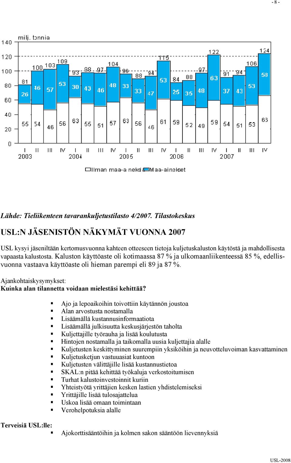 Kaluston käyttöaste oli kotimaassa 87 % ja ulkomaanliikenteessä 85 %, edellisvuonna vastaava käyttöaste oli hieman parempi eli 89 ja 87 %.