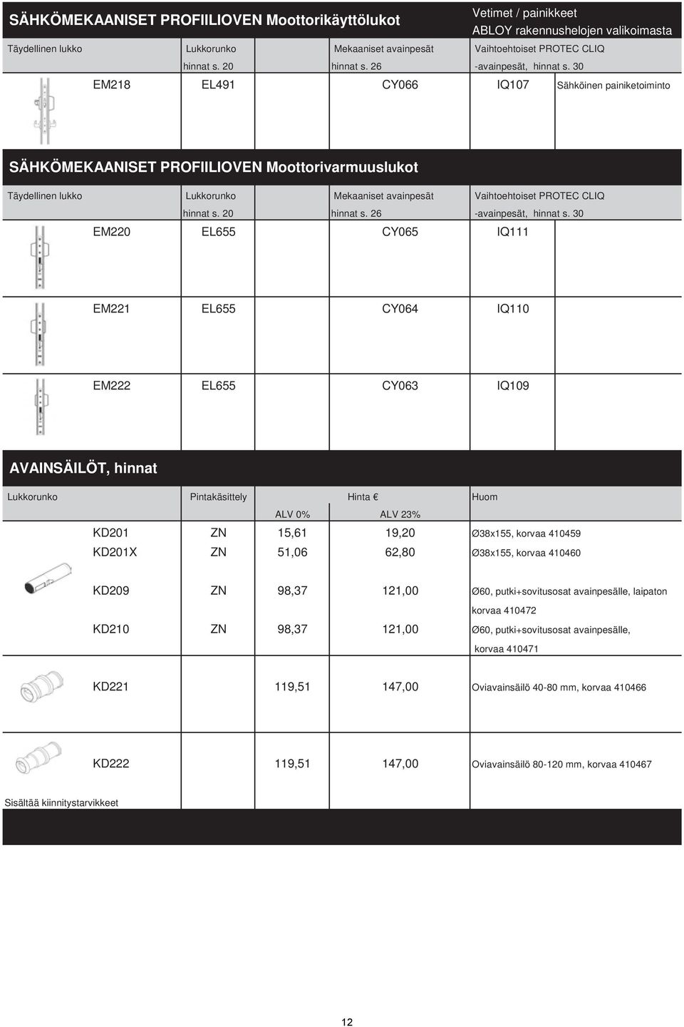 30 EM218 EL491 CY066 IQ107 Sähköinen painiketoiminto SÄHKÖMEKAANISET PROFIILIOVEN Moottorivarmuuslukot Täydellinen lukko Lukkorunko Mekaaniset avainpesät Vaihtoehtoiset PROTEC CLIQ hinnat s.
