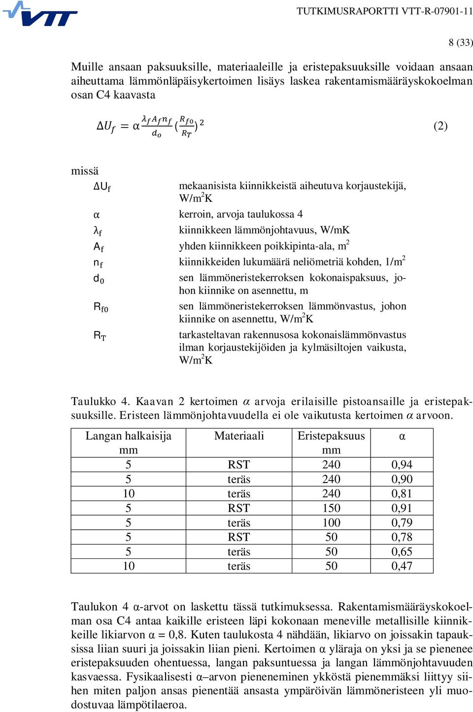 neliömetriä kohden, 1/m 2 d R R sen lämmöneristekerroksen kokonaispaksuus, johon kiinnike on asennettu, m sen lämmöneristekerroksen lämmönvastus, johon kiinnike on asennettu, W/m 2 K tarkasteltavan