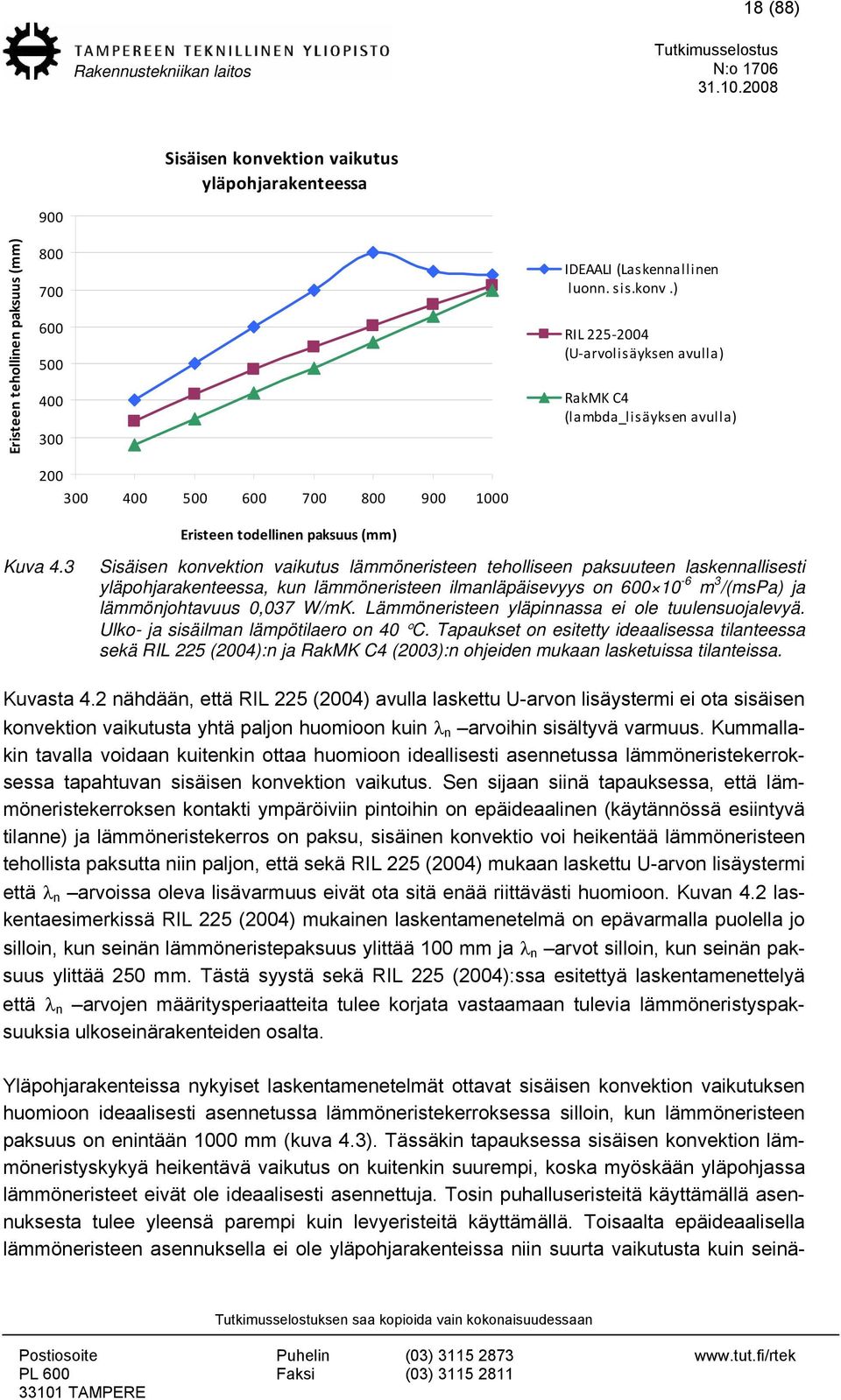 3 Sisäisen konvektion vaikutus lämmöneristeen teholliseen paksuuteen laskennallisesti yläpohjarakenteessa, kun lämmöneristeen ilmanläpäisevyys on 600 10-6 m 3 /(mspa) ja lämmönjohtavuus 0,037 W/mK.