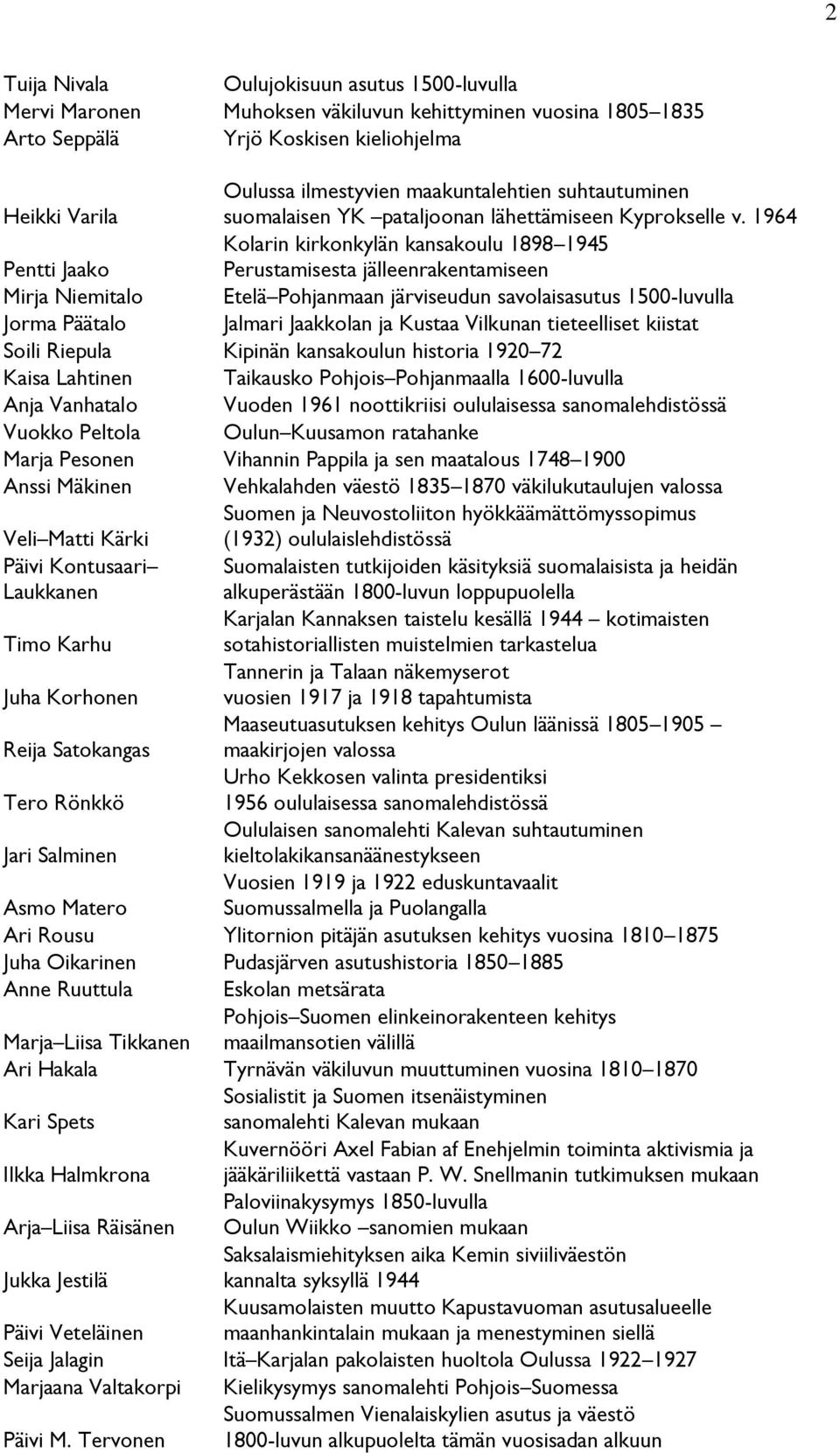 1964 Kolarin kirkonkylän kansakoulu 1898 1945 Pentti Jaako Perustamisesta jälleenrakentamiseen Mirja Niemitalo Etelä Pohjanmaan järviseudun savolaisasutus 1500-luvulla Jorma Päätalo Jalmari Jaakkolan