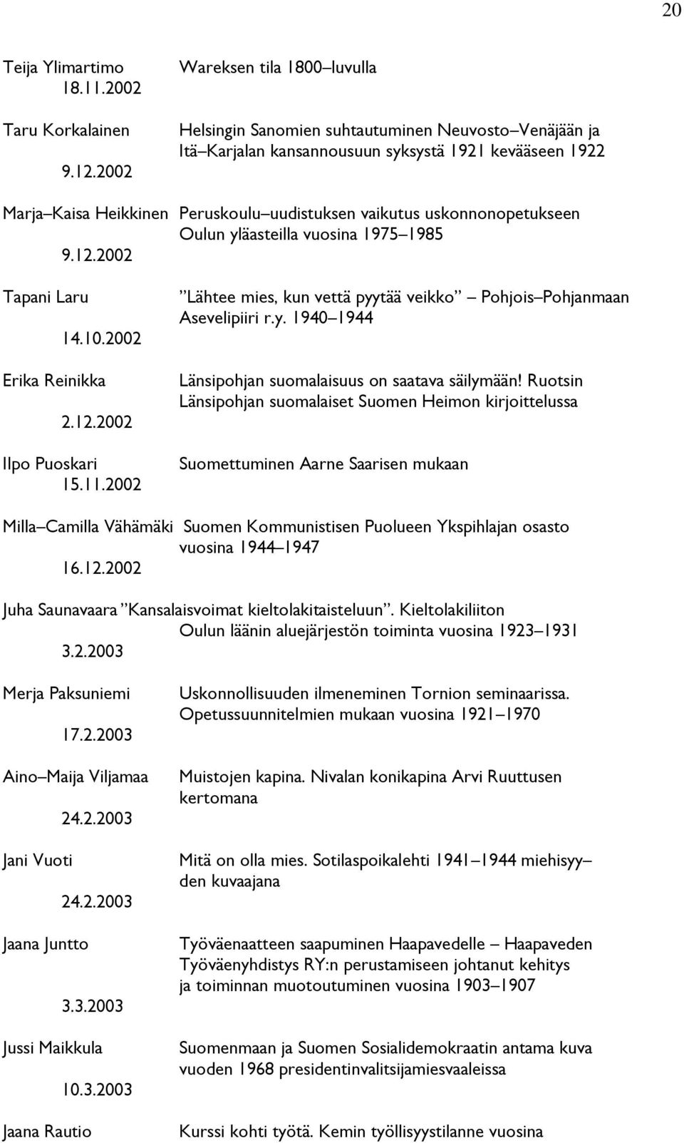 uskonnonopetukseen Oulun yläasteilla vuosina 1975 1985 9.12.2002 Tapani Laru 14.10.2002 Erika Reinikka 2.12.2002 Ilpo Puoskari 15.11.