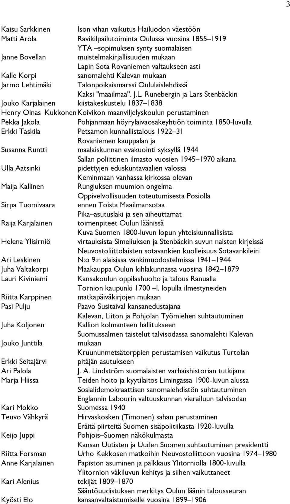 Karjalainen kiistakeskustelu 1837 1838 Henry Oinas Kukkonen Koivikon maanviljelyskoulun perustaminen Pekka Jakola Pohjanmaan höyrylaivaosakeyhtiön toiminta 1850-luvulla Erkki Taskila Petsamon
