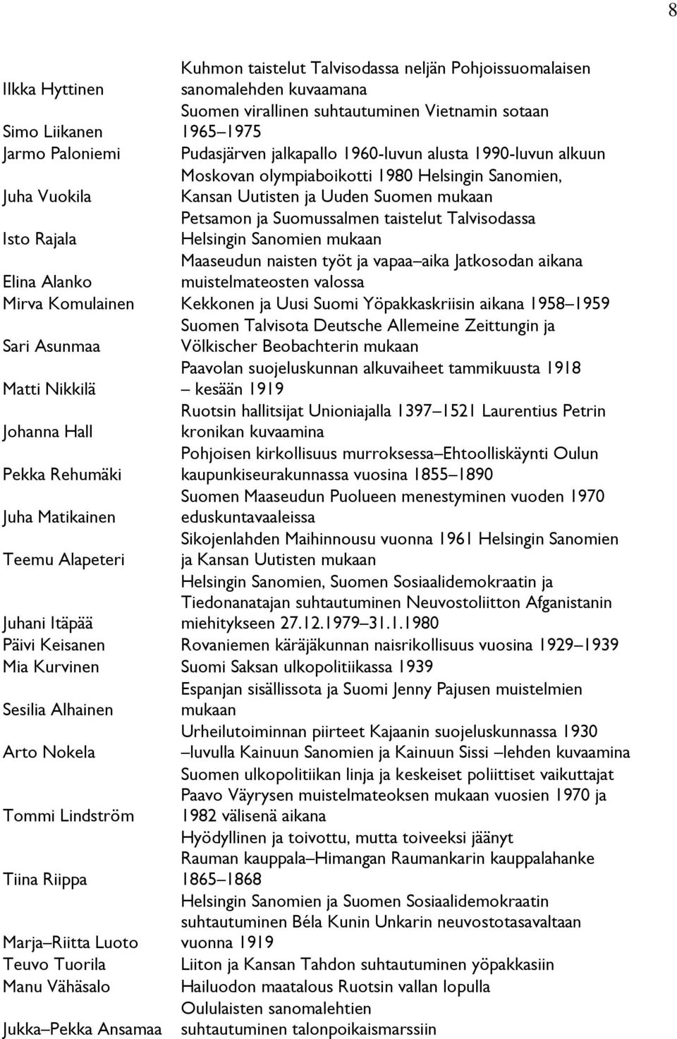 Isto Rajala Helsingin Sanomien mukaan Maaseudun naisten työt ja vapaa aika Jatkosodan aikana Elina Alanko muistelmateosten valossa Mirva Komulainen Kekkonen ja Uusi Suomi Yöpakkaskriisin aikana 1958