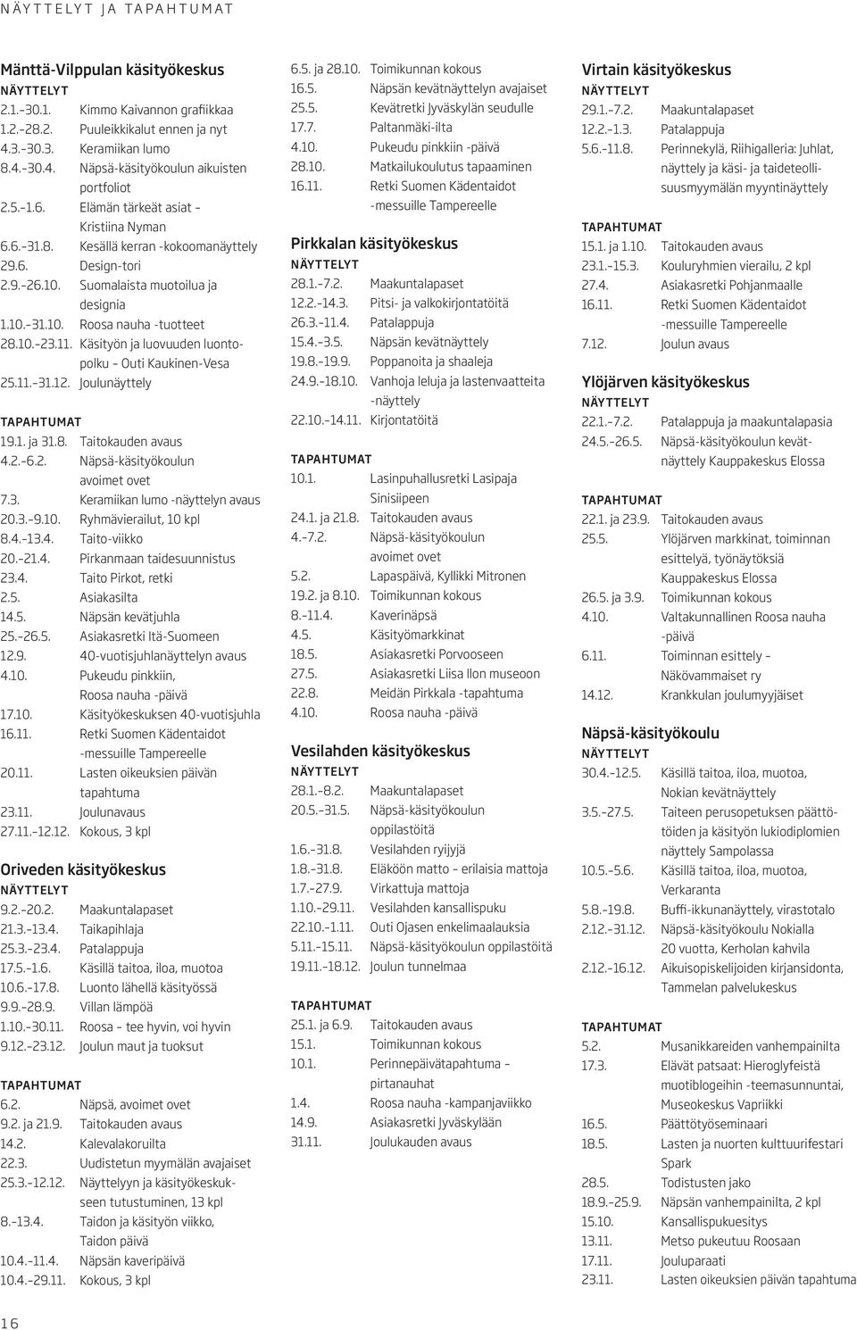 Käsityön ja luovuuden luontopolku Outi Kaukinen-Vesa 25.11. 31.12. Joulunäyttely TAPAHTUMAT 19.1. ja 31.8. Taitokauden avaus 4.2. 6.2. Näpsä-käsityökoulun avoimet ovet 7.3. Keramiikan lumo -näyttelyn avaus 20.