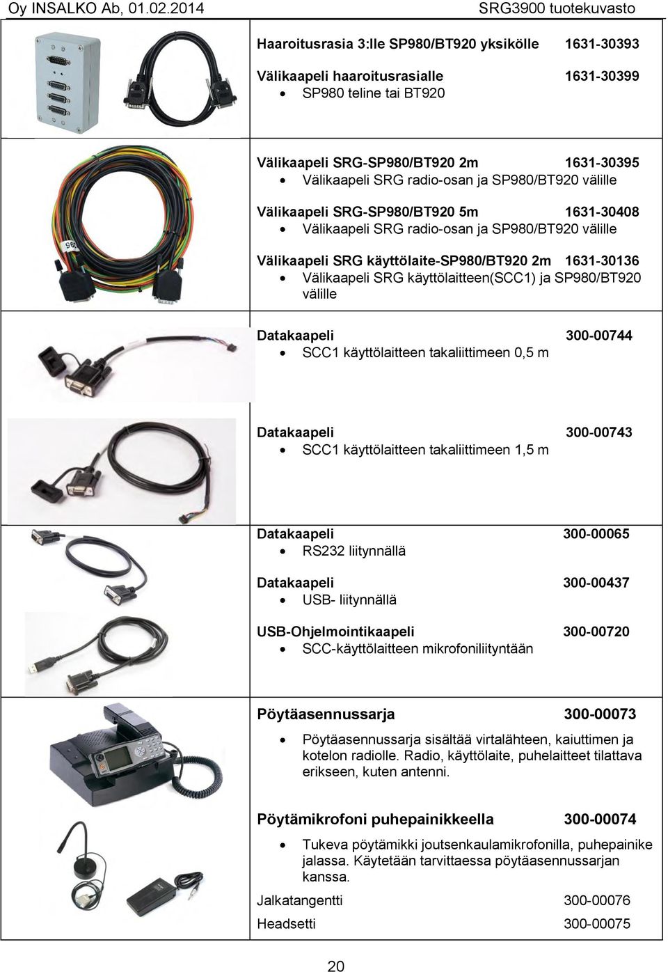 käyttölaitteen(scc1) ja SP980/BT920 välille Datakaapeli 300-00744 SCC1 käyttölaitteen takaliittimeen 0,5 m Datakaapeli 300-00743 SCC1 käyttölaitteen takaliittimeen 1,5 m Datakaapeli 300-00065 RS232