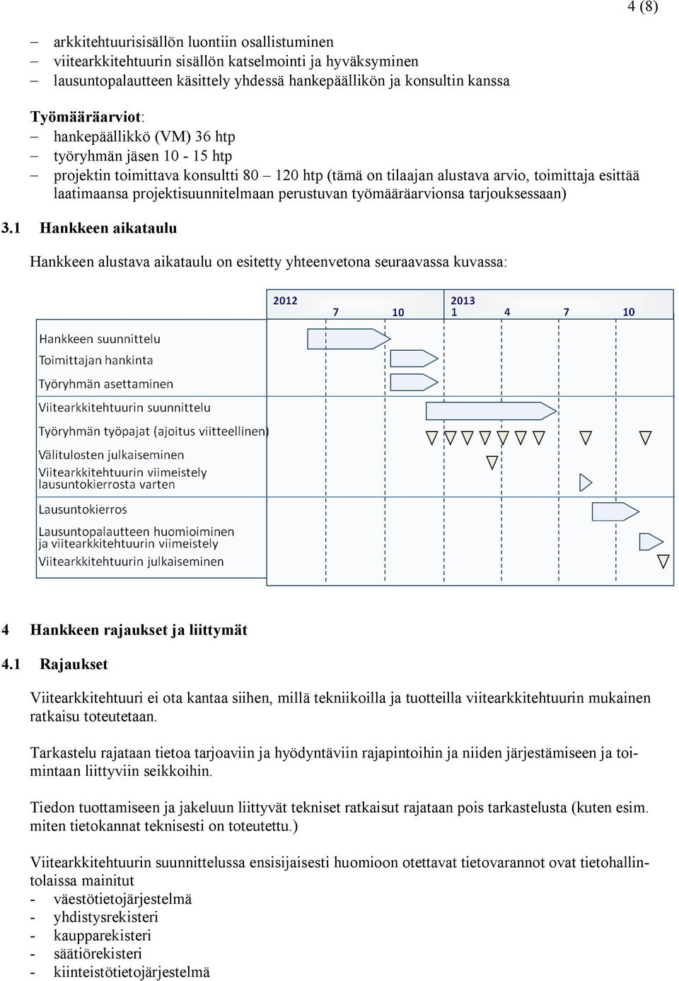 työmääräarvionsa tarjouksessaan) 3.1 Hankkeen aikataulu Hankkeen alustava aikataulu on esitetty yhteenvetona seuraavassa kuvassa: 4 Hankkeen rajaukset ja liittymät 4.