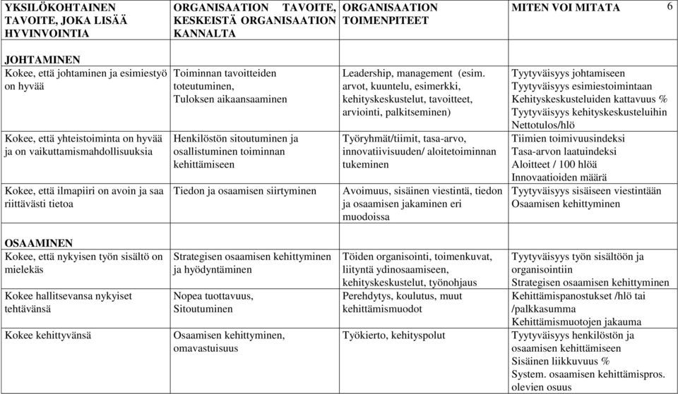 Henkilöstön sitoutuminen ja osallistuminen toiminnan kehittämiseen Tiedon ja osaamisen siirtyminen Leadership, management (esim.