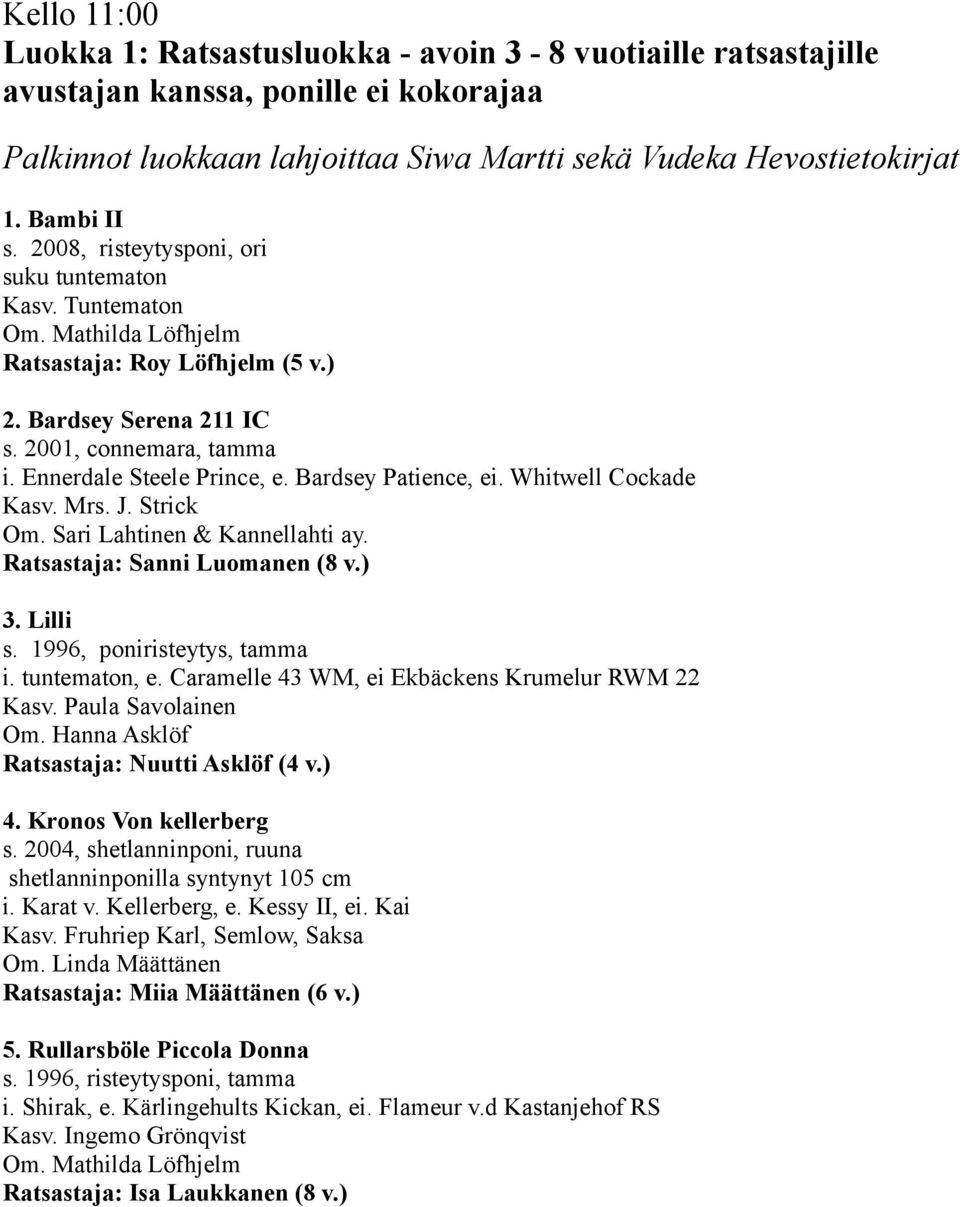 Bardsey Patience, ei. Whitwell Cockade Kasv. Mrs. J. Strick Om. Sari Lahtinen & Kannellahti ay. Ratsastaja: Sanni Luomanen (8 v.) 3. Lilli s. 1996, poniristeytys, tamma i. tuntematon, e.