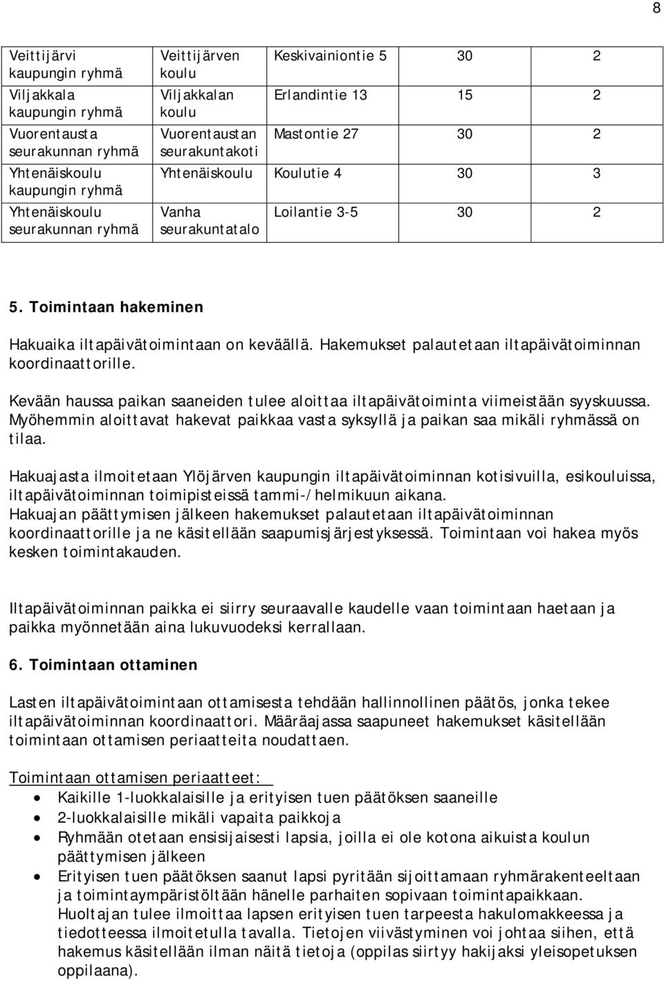 Hakemukset palautetaan iltapäivätoiminnan koordinaattorille. Kevään haussa paikan saaneiden tulee aloittaa iltapäivätoiminta viimeistään syyskuussa.