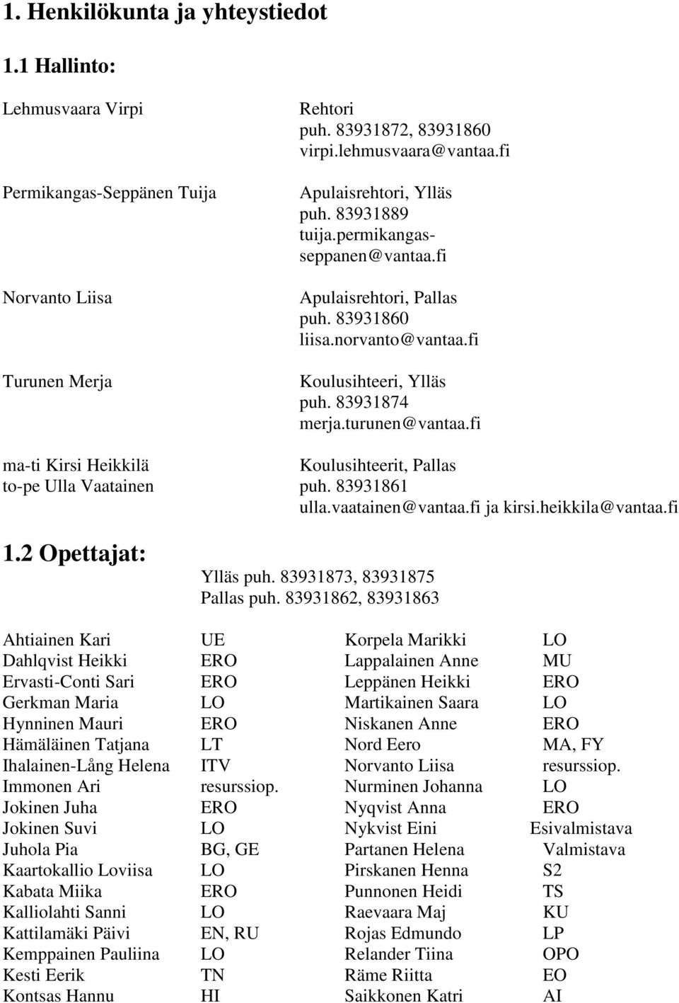 fi ma-ti Kirsi Heikkilä Koulusihteerit, Pallas to-pe Ulla Vaatainen puh. 83931861 ulla.vaatainen@vantaa.fi ja kirsi.heikkila@vantaa.fi 1.2 Opettajat: Ylläs puh. 83931873, 83931875 Pallas puh.