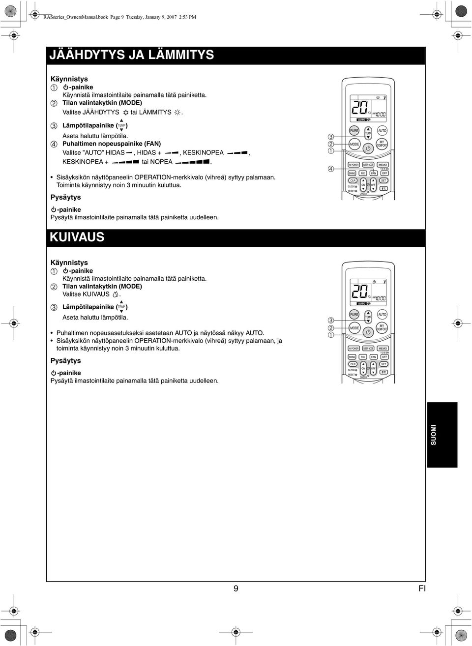 Sisäyksikön näyttöpneelin OPERATION-merkkivlo (vihreä) syttyy plmn. Toimint käynnistyy noin 3 minuutin kuluttu. Pysäytys -pinike Pysäytä ilmstointilite pinmll tätä pinikett uudelleen.