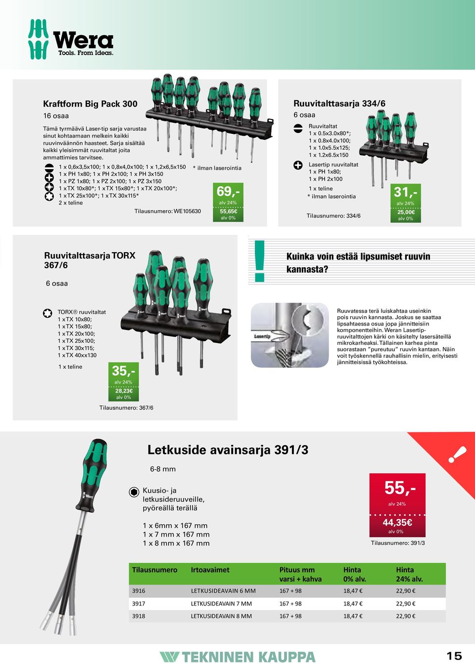 Pozidriv* ) ja TORX Malli: Malli: 16 osaa ikkunapakkauksessa 16 osaa ikkunapakkauksessa Kraftform Big Pack 300 16 osaa Code Code 05105631001 05105631001 Tämä tyrmäävä 160 i VDE 160 i Laser-tip VDE 1