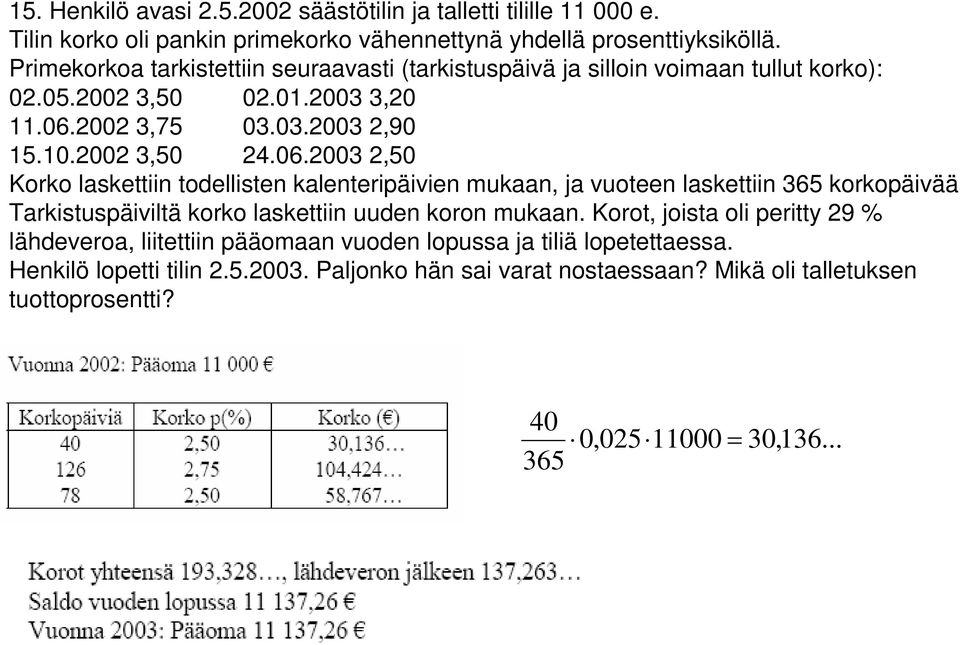 2002 3,75 03.03.2003 2,90 15.10.2002 3,50 24.06.2003 2,50 Korko laskettiin todellisten kalenteripäivien mukaan, ja vuoteen laskettiin 365 korkopäivää.