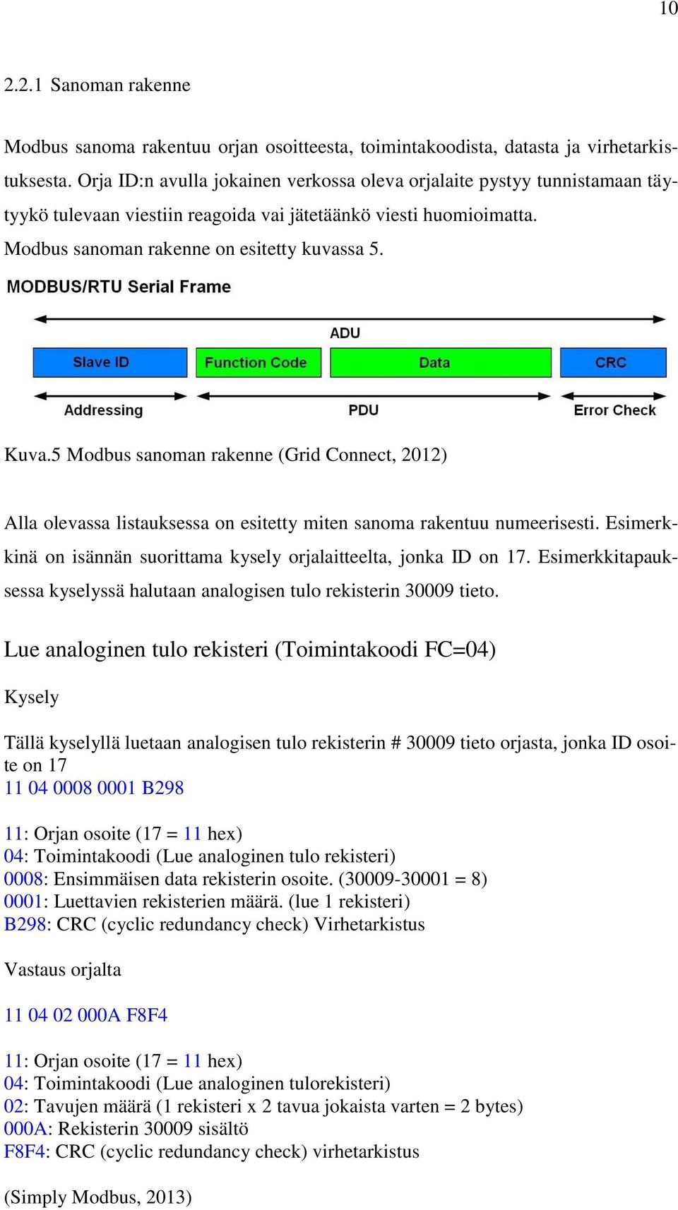 5 Modbus sanoman rakenne (Grid Connect, 2012) Alla olevassa listauksessa on esitetty miten sanoma rakentuu numeerisesti. Esimerkkinä on isännän suorittama kysely orjalaitteelta, jonka ID on 17.