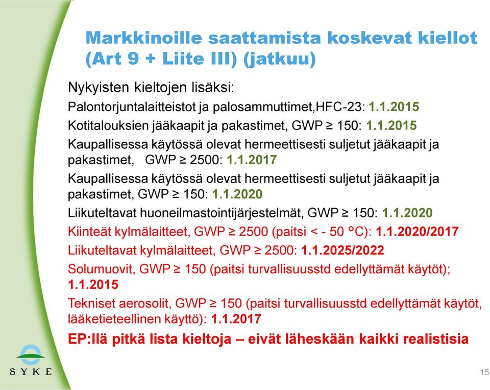 1.2020 Liikuteltavat huoneilmastointijärjestelmät, GWP 150: 1.1.2020 Kiinteät kylmälaitteet, GWP 2500 (paitsi < - 50 C): 1.1.2020/2017 Liikuteltavat kylmälaitteet, GWP 2500: 1.1.2025/2022 Solumuovit, GWP 150 (paitsi turvallisuusstd edellyttämät käytöt); 1.