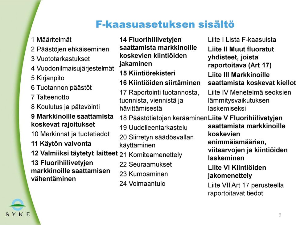 tuonnista, viennistä ja hävittämisestä 10 Merkinnät ja tuotetiedot 20 Siirretyn säädösvallan 11 Käytön valvonta käyttäminen 12 Valmiiksi täytetyt laitteet 21 Komiteamenettely 13 Fluorihiilivetyjen 22