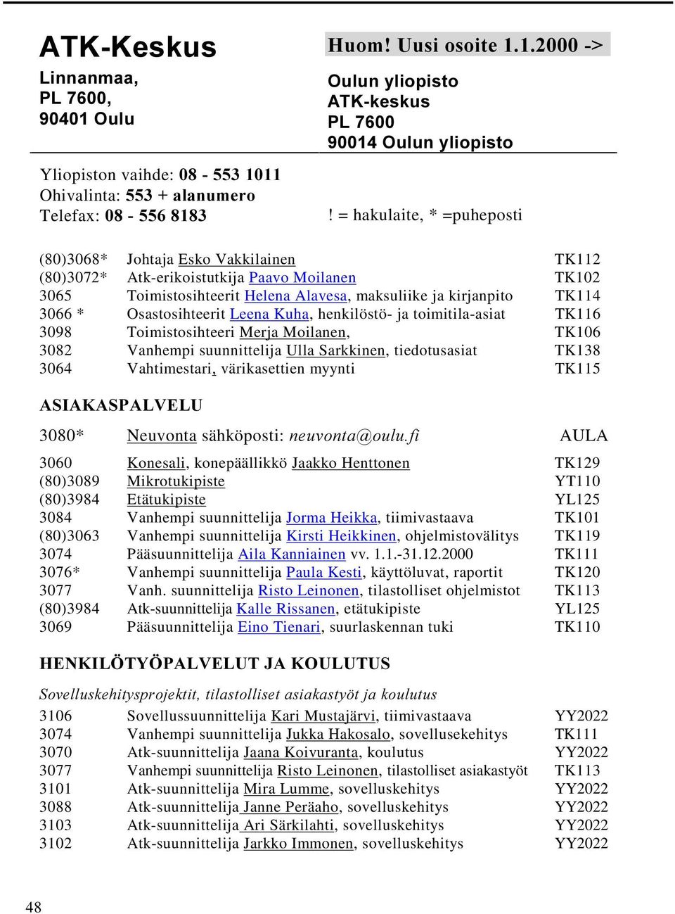 Osastosihteerit Leena Kuha, henkilöstö- ja toimitila-asiat TK116 3098 Toimistosihteeri Merja Moilanen, TK106 3082 Vanhempi suunnittelija Ulla Sarkkinen, tiedotusasiat TK138 3064 Vahtimestari,