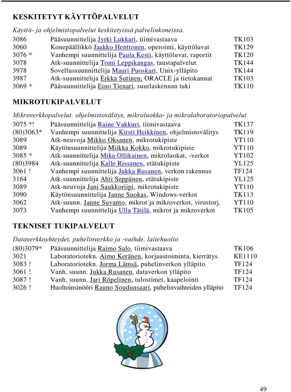 suunnittelija Paula Kesti, käyttöluvat, raportit TK120 3078 Atk-suunnittelija Tomi Leppikangas, taustapalvelut TK144 3978 Sovellussuunnittelija Mauri Puoskari, Unix-ylläpito TK144 3987