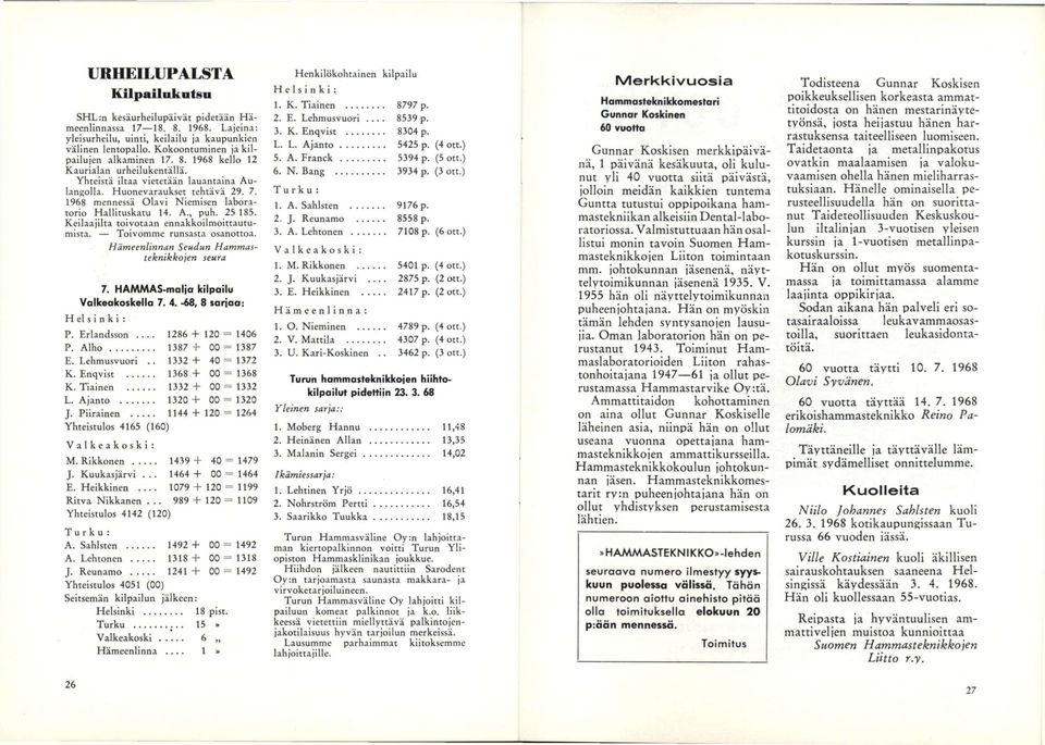 1968 mennessä Olavi Niemisen lahoratorio Hallituskatu 14. A., puh. 25 185. Keilaajilta toivotaan ennakkoilmoittautumista. Toivomme runsasta osanottoa. Hämeenlinnan Seudun Hammasteknikkojen seura 7.