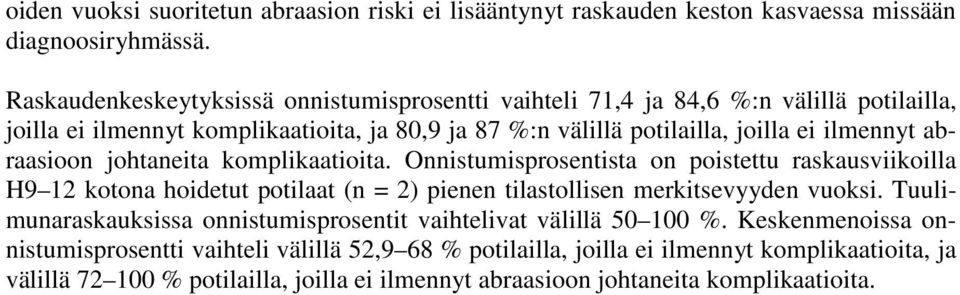 abraasioon johtaneita komplikaatioita. Onnistumisprosentista on poistettu raskausviikoilla H9 12 kotona hoidetut potilaat (n = 2) pienen tilastollisen merkitsevyyden vuoksi.