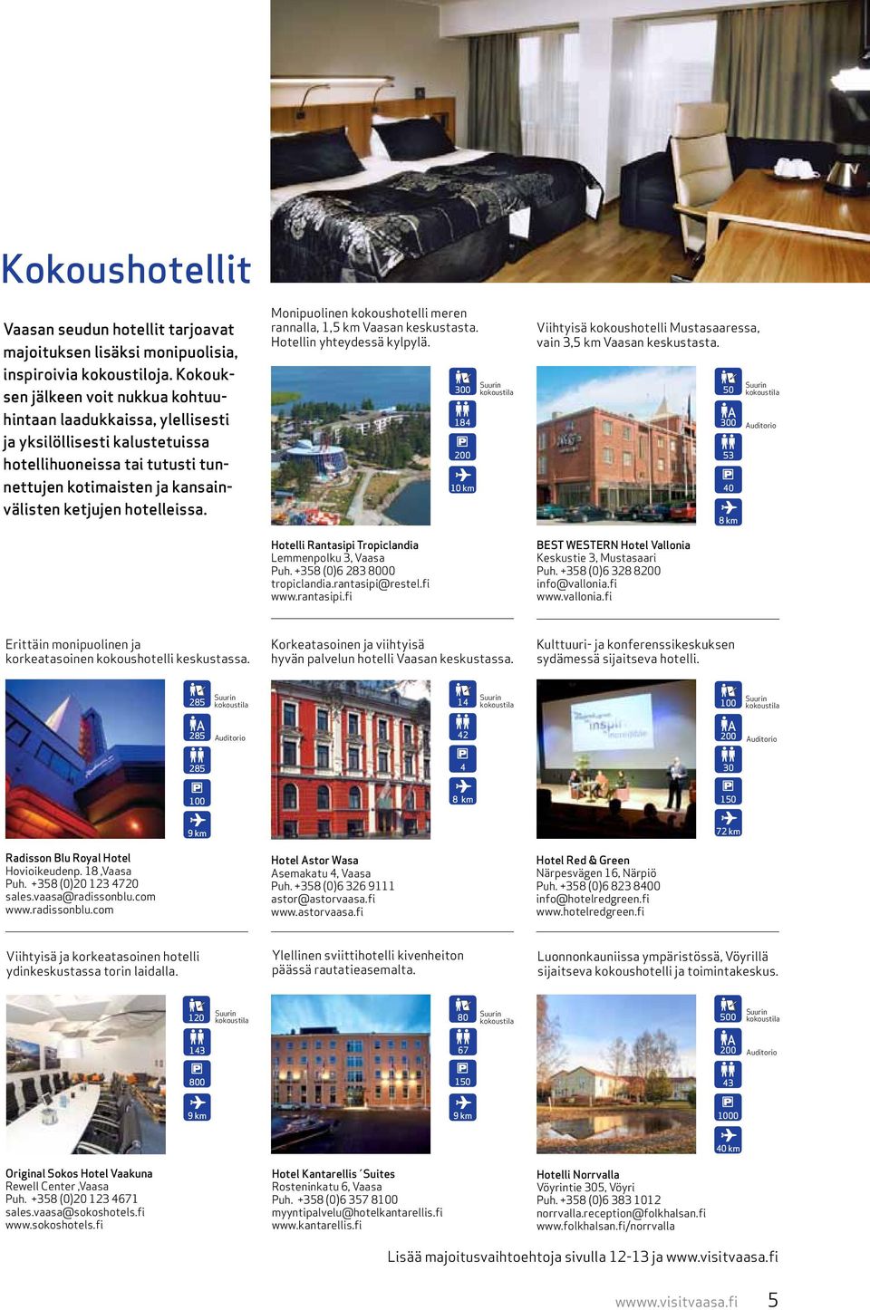Monipuolinen kokoushotelli meren rannalla, 1,5 km n keskustasta. Hotellin yhteydessä kylpylä. Hotelli Rantasipi Tropiclandia Lemmenpolku 3, Puh. +358 (0)6 283 8000 tropiclandia.rantasipi@restel.