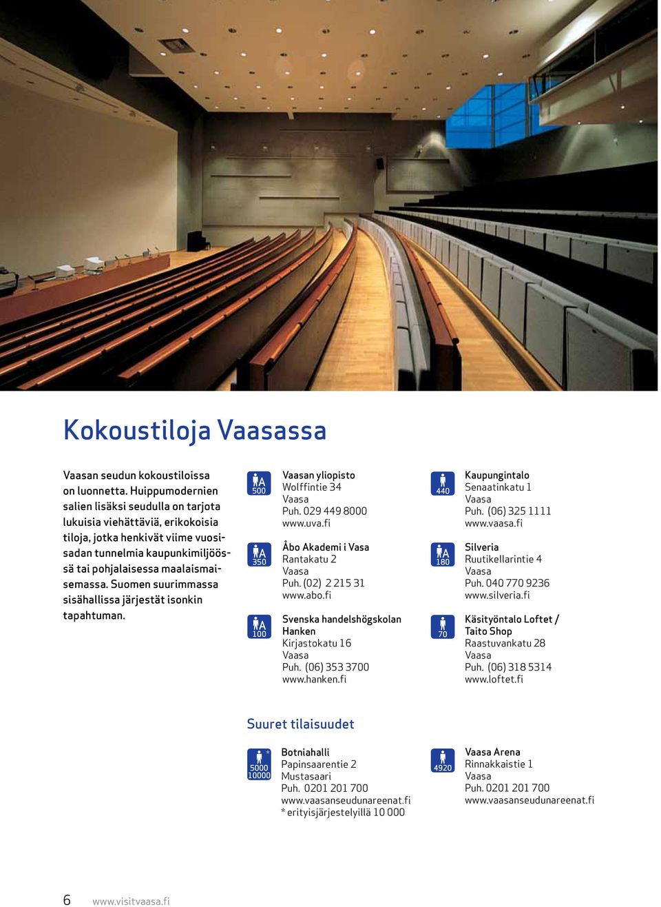 Suomen suurimmassa sisähallissa järjestät isonkin tapahtuman. 500 A 350 A 100 A n yliopisto Wolffintie 34 Puh. 029 449 8000 www.uva.fi Åbo Akademi i Vasa Rantakatu 2 Puh. (02) 2 215 31 www.abo.