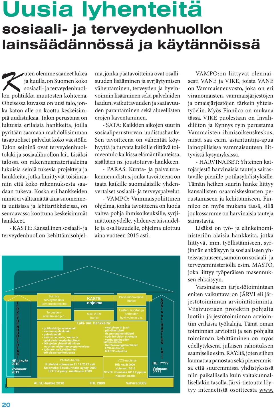 lon lainsäädännössä ja käytännöissä 6 HE: kevät 2010 Voimaan: 2011 Toimiva terveyskeskus -toimenpideohjelma Terveydenedistämisen p.o. potilaslaki ja asiakaslaki vammaispalvelulaki palveluseteli