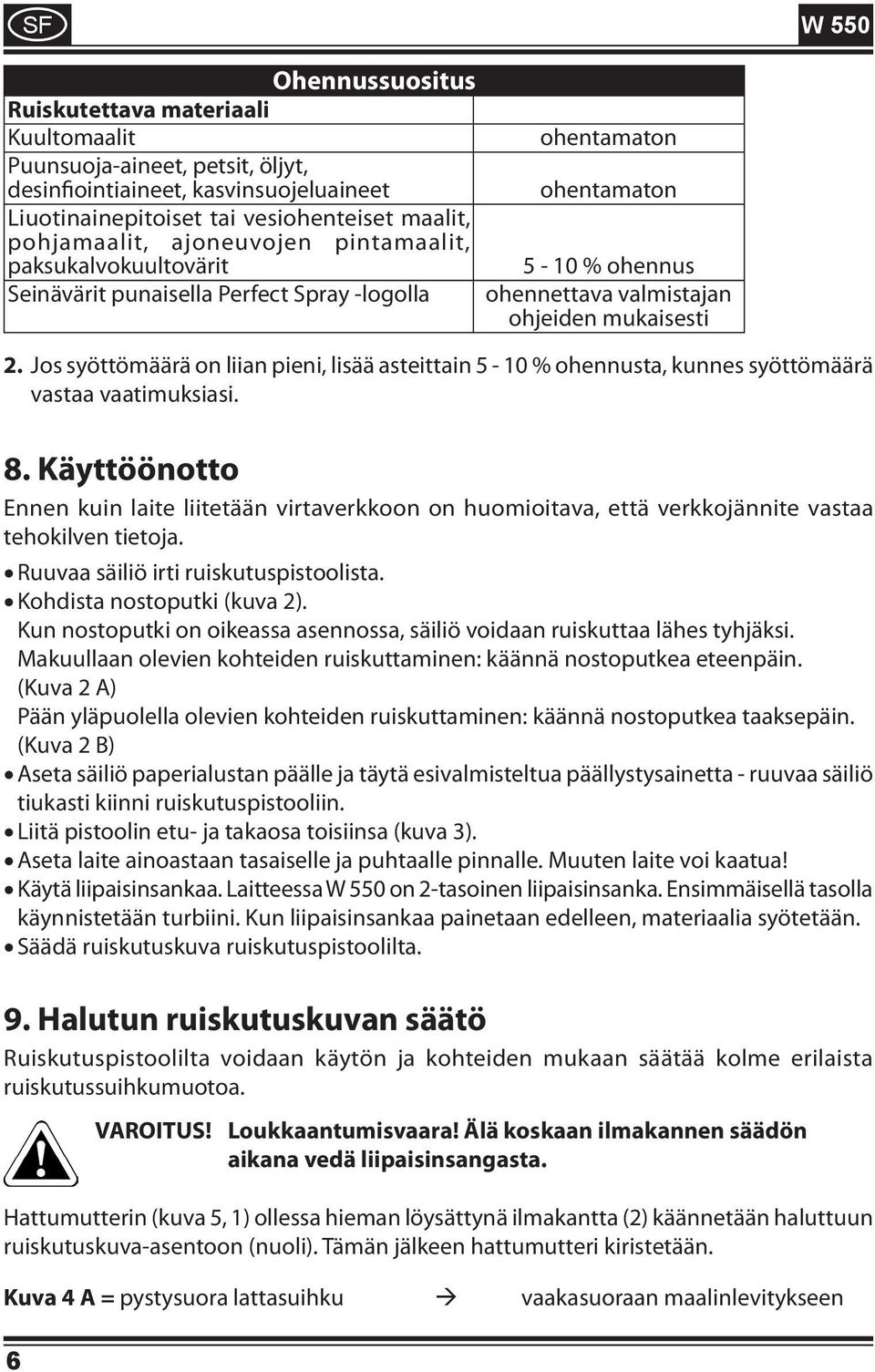 Jos syöttömäärä on liian pieni, lisää asteittain 5-10 % ohennusta, kunnes syöttömäärä vastaa vaatimuksiasi. 8.