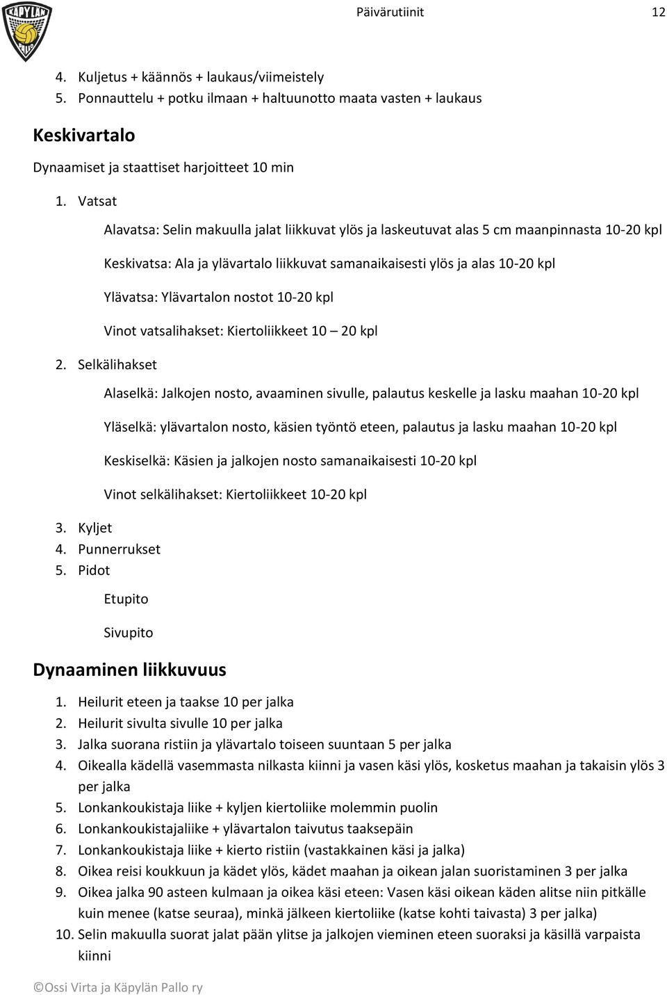 Ylävartalon nostot 10-20 kpl Vinot vatsalihakset: Kiertoliikkeet 10 20 kpl 2.