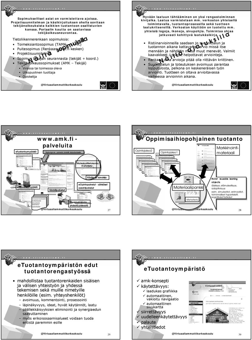 Tietoliikennerenkaan sopimuksia: Toimeksiantosopimus (TAMK LAMK) Puitesopimus (Renkaan AMK:n kesken) Projektisuunnitelma Sopimus työajan seurannasta (tekijät + koord.