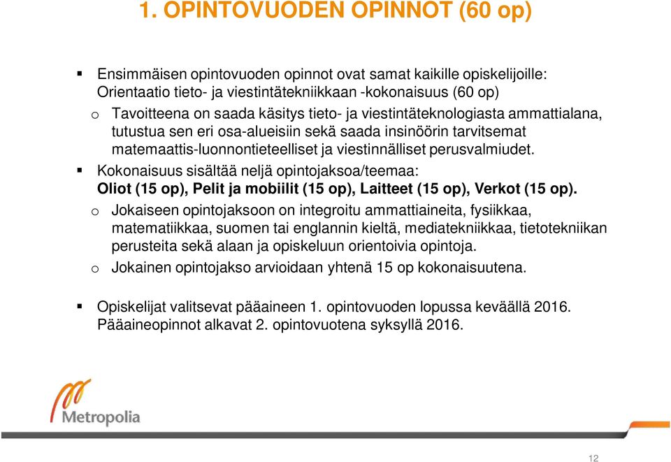 Kokonaisuus sisältää neljä opintojaksoa/teemaa: Oliot (15 op), Pelit ja mobiilit (15 op), Laitteet (15 op), Verkot (15 op).