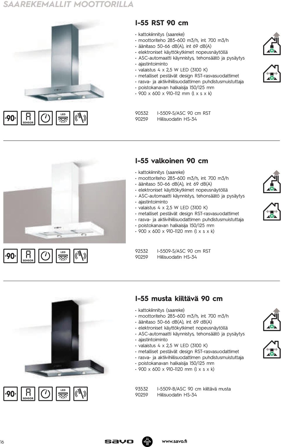 x k) 90532 I-5509-S/ASC 90 cm RST 90259 Hiilisuodatin HS-34 I-55 valkoinen 90 cm kattokiinnitys (saareke) moottoriteho 285 600 m3/h, int. 700 m3/h äänitaso 50 66 db(a), int.