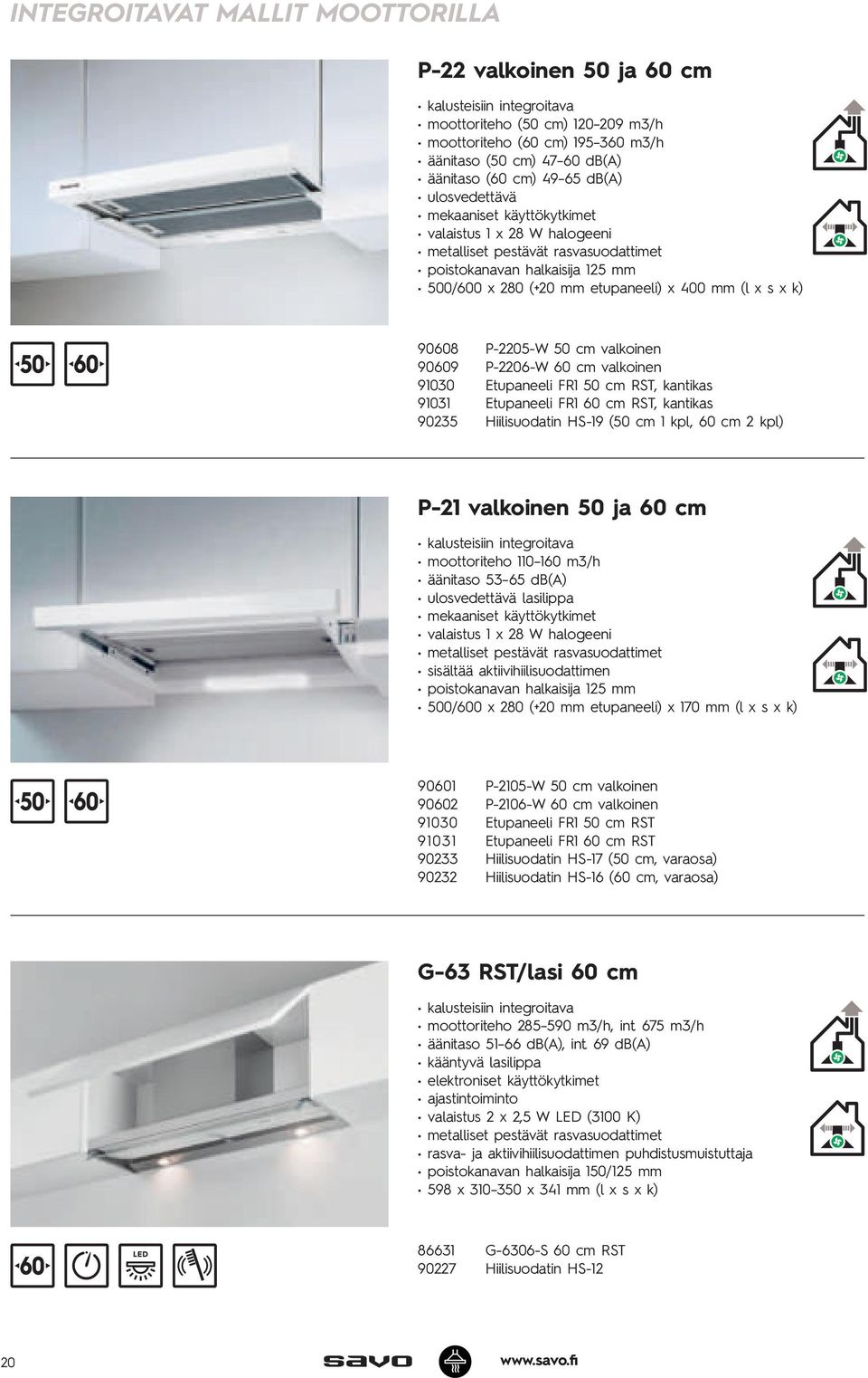 90609 P-2206-W 60 cm valkoinen 91030 Etupaneeli FR1 50 cm RST, kantikas 91031 Etupaneeli FR1 60 cm RST, kantikas 90235 Hiilisuodatin HS-19 (50 cm 1 kpl, 60 cm 2 kpl) P-21 valkoinen 50 ja 60 cm