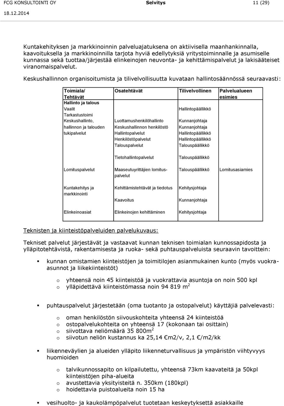 Keskushallinnon organisoitumista ja tilivelvollisuutta kuvataan hallintosäännössä seuraavasti: Toimiala/ Tehtävät Osatehtävät Tilivelvollinen Palvelualueen esimies Hallinto ja talous Vaalit